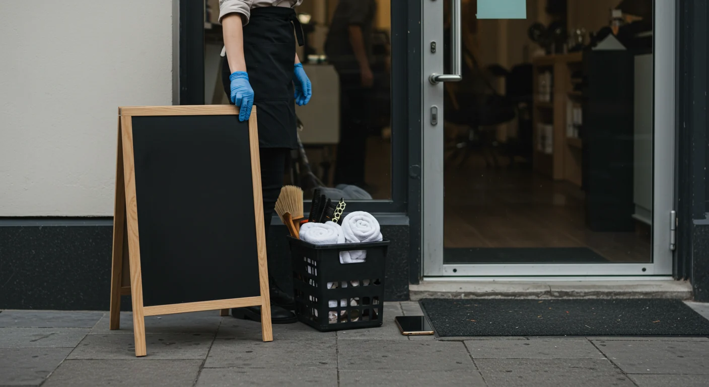 Salon entrance prepared for opening with a blank sidewalk board and towels