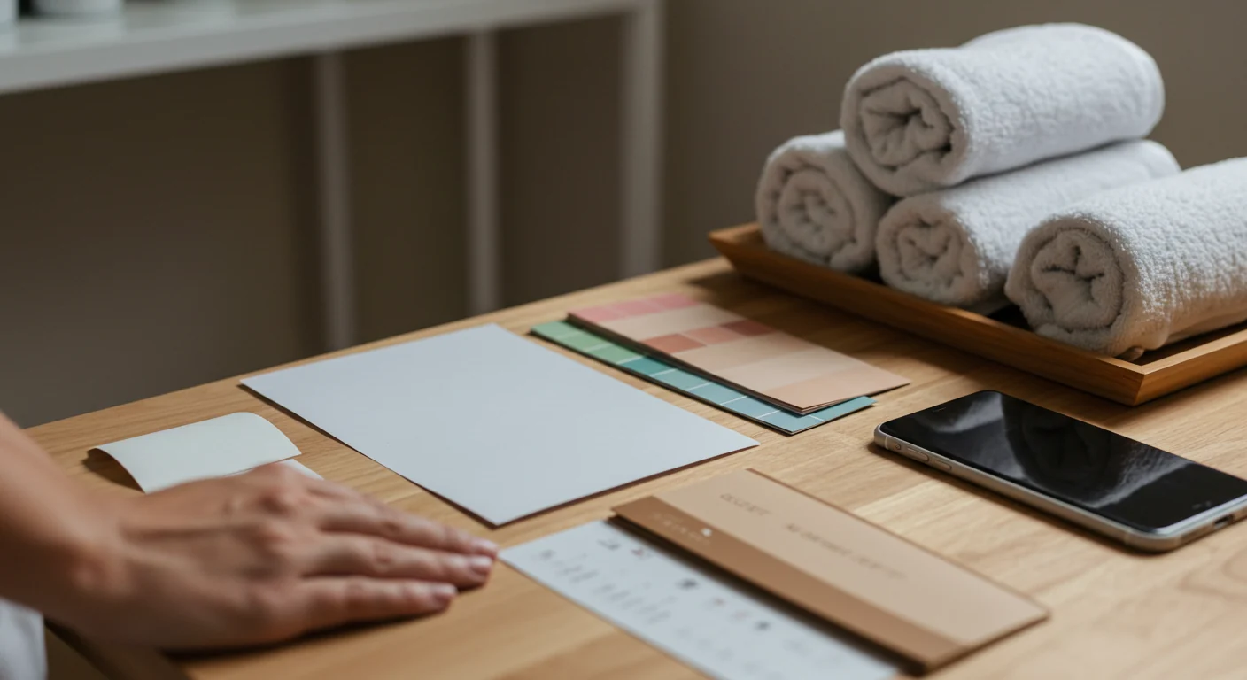 Blank client note cards and color swatches beside folded towels in a treatment room