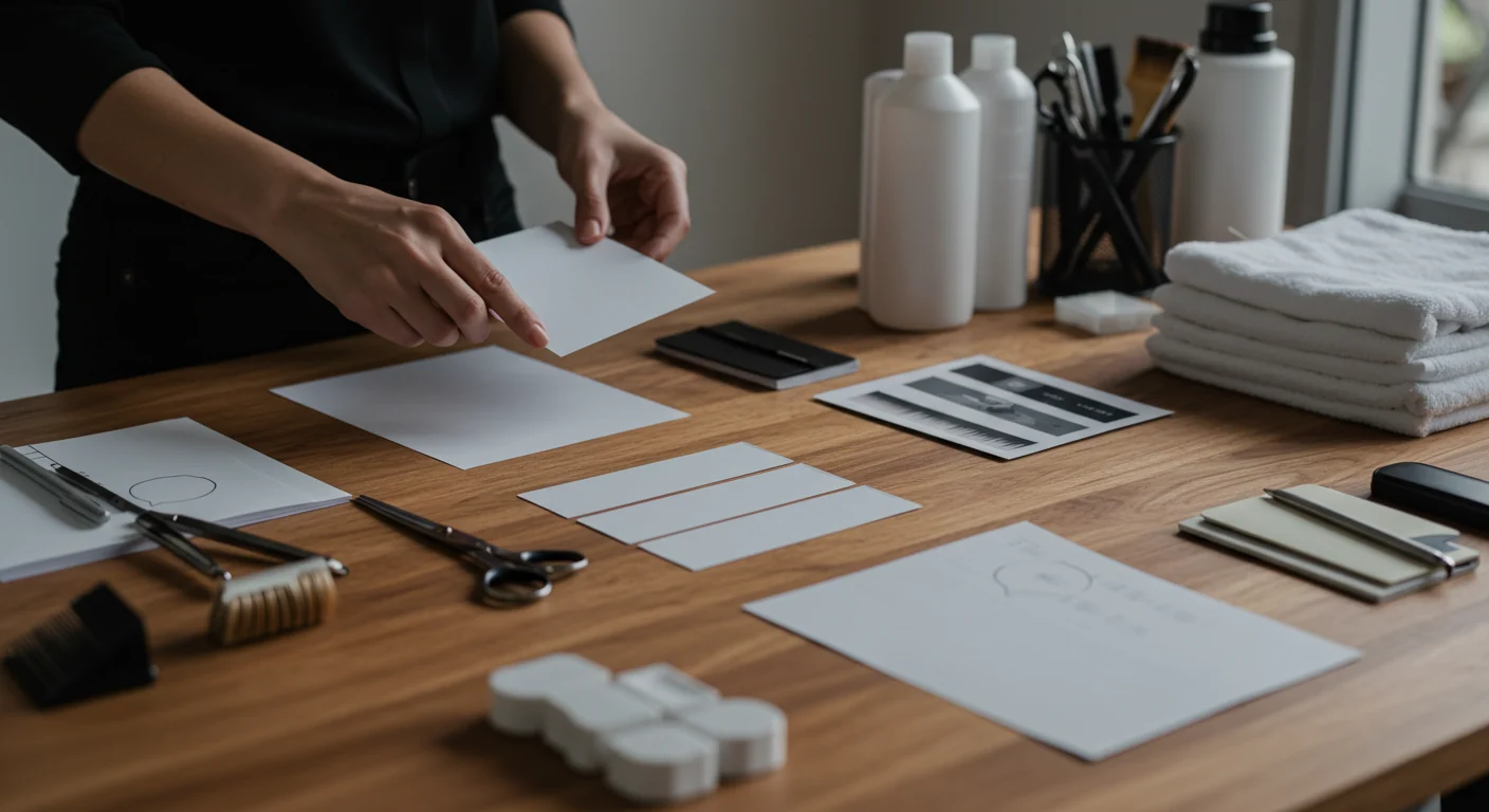 Salon staff arranging blank planning cards beside towels and tools