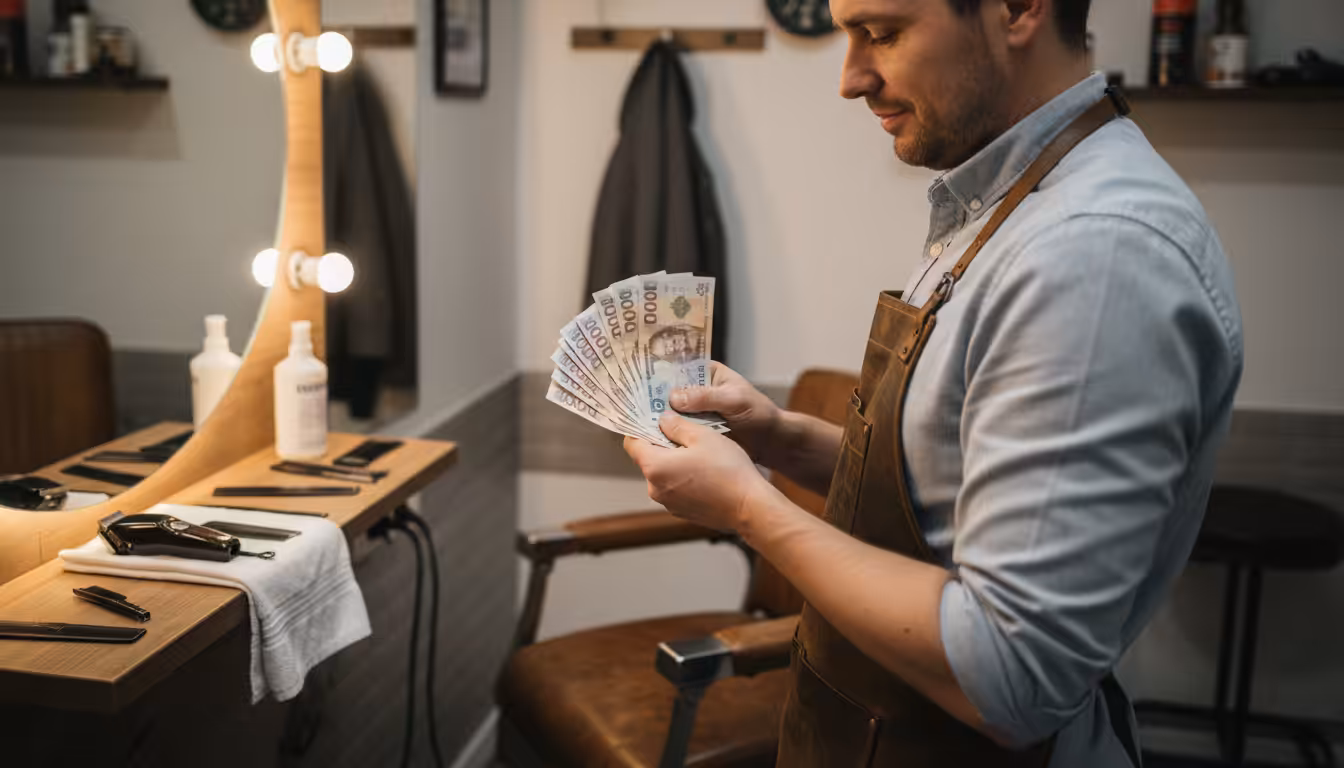 Barber liczy dzienny utarg przy swoim stanowisku po zamknięciu barbershopu