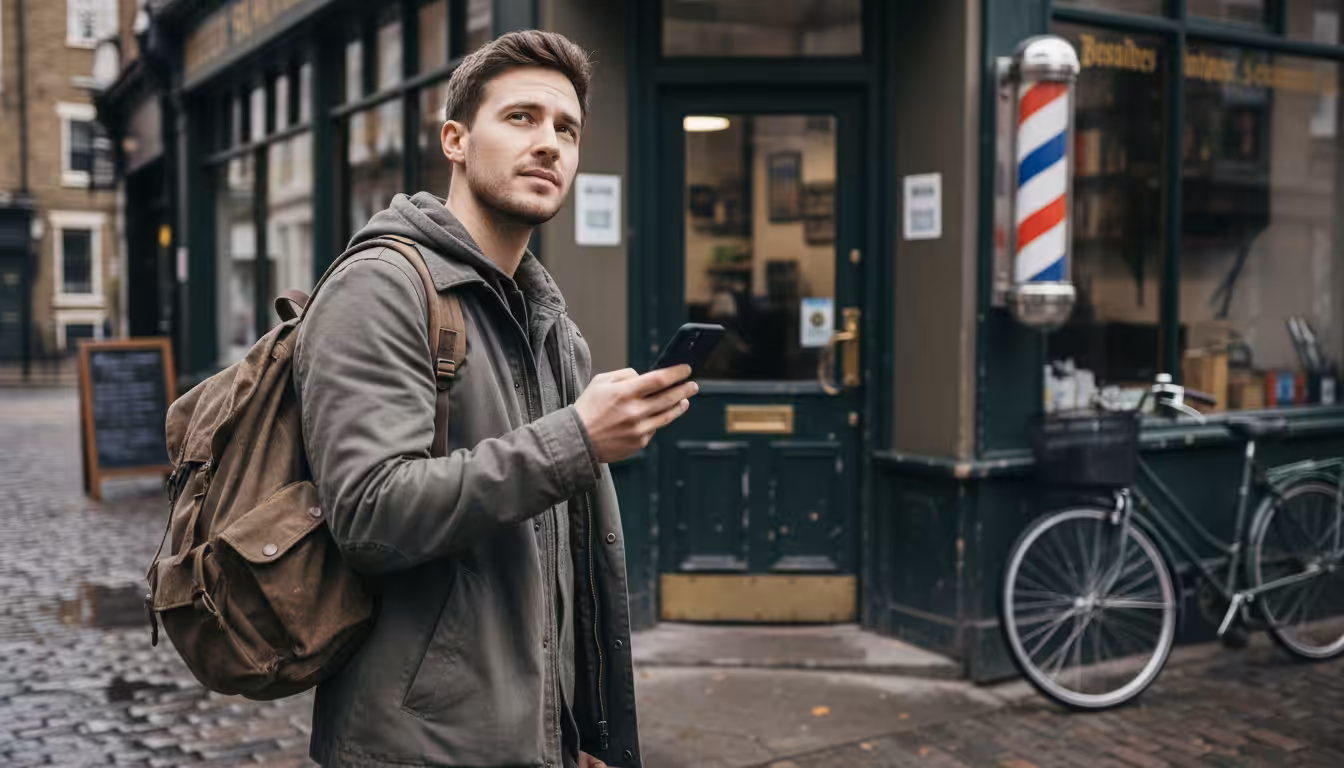 Klient z telefonem w dłoni sprawdza wejście do barbershopu, obok pasiasty słupek barberski