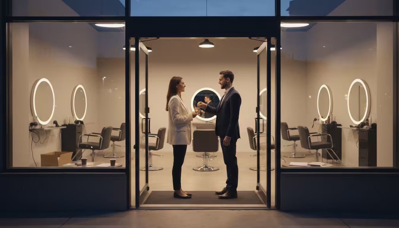 Handing over the keys to a beauty salon at dusk, seen through the glass front door