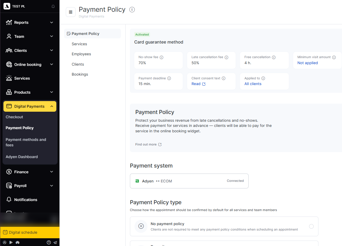 The Payment Policy page with the Adyen connect banner
