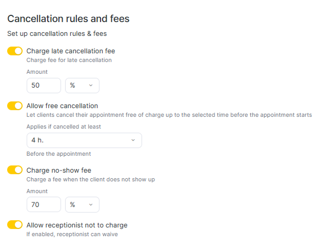 Card guarantee settings: late cancellation fee, free cancellation, no-show fee