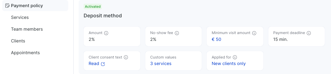 Policy summary with minimum visit amount and custom values for three services