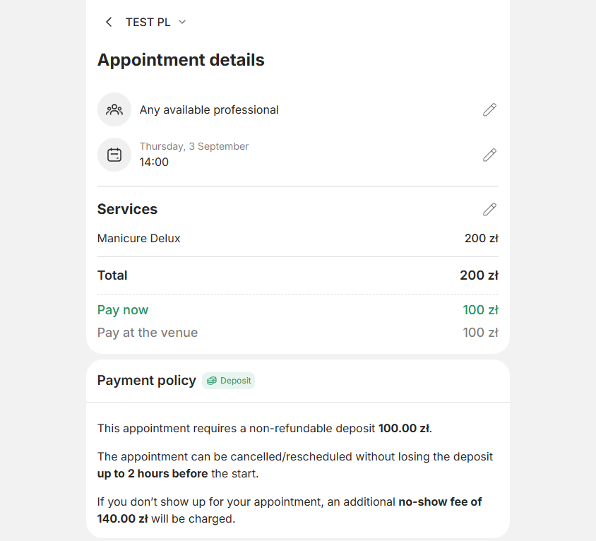 The client sees the deposit, the free cancellation window and the no-show fee before booking