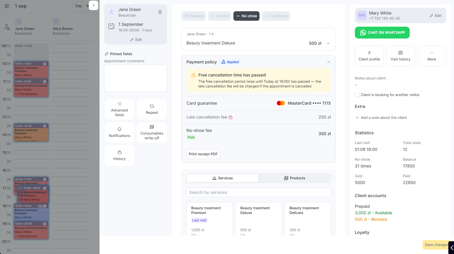 The visit window with card guarantee, fees and payment status