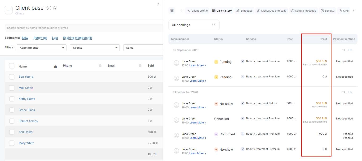 Client history with collected fees