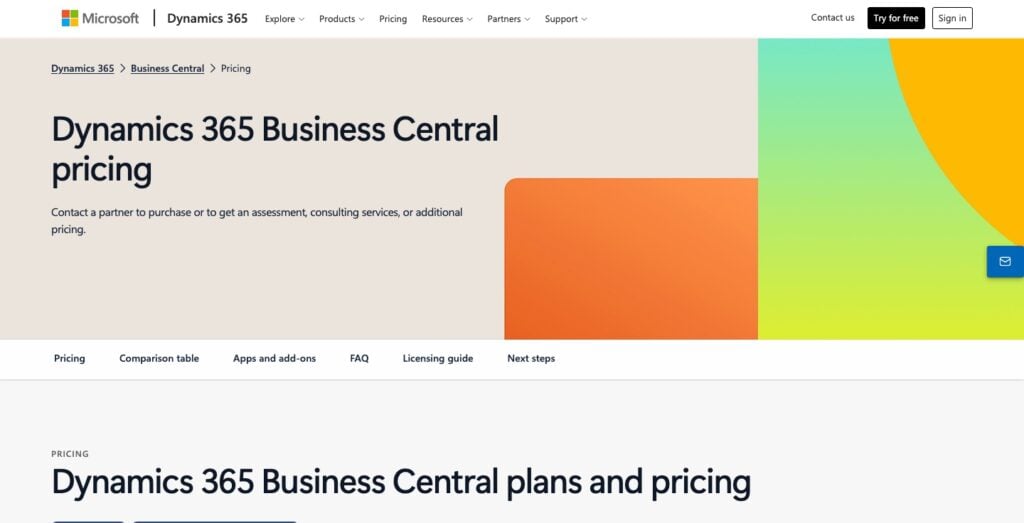 Microsoft Dynamics 365 Business Central pricing page plans sold through partners
