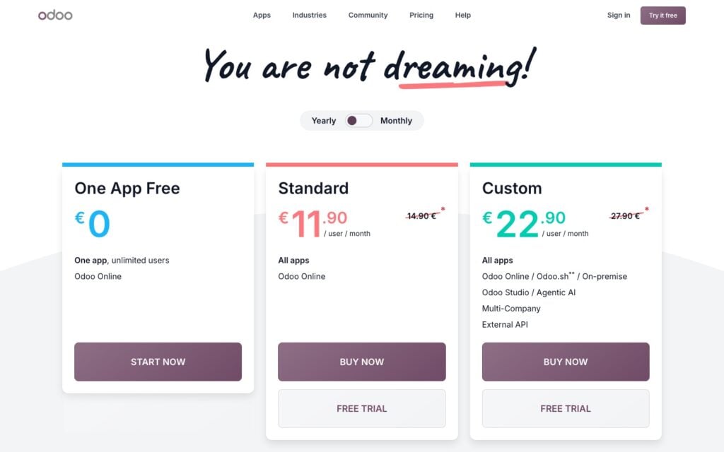 Odoo pricing page in euros with One App Free Standard and Custom plans multi company is on Custom
