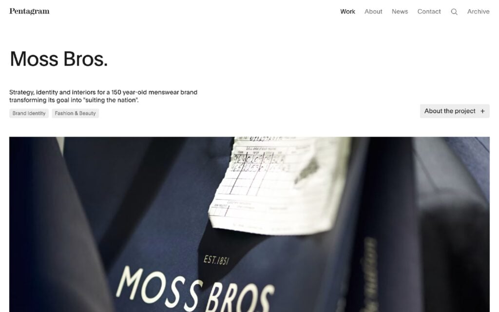 brandingagenciespentagrammoss The Altegio Times Pentagram Moss Bros case page identity and interiors for a chain of 150 stores