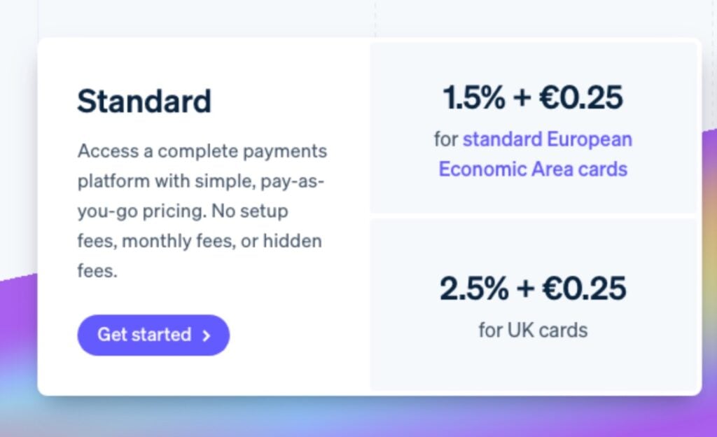 Stripe Standard pricing for Ireland 15 + €025 for standard EEA cards and 25 + €025 for UK cards