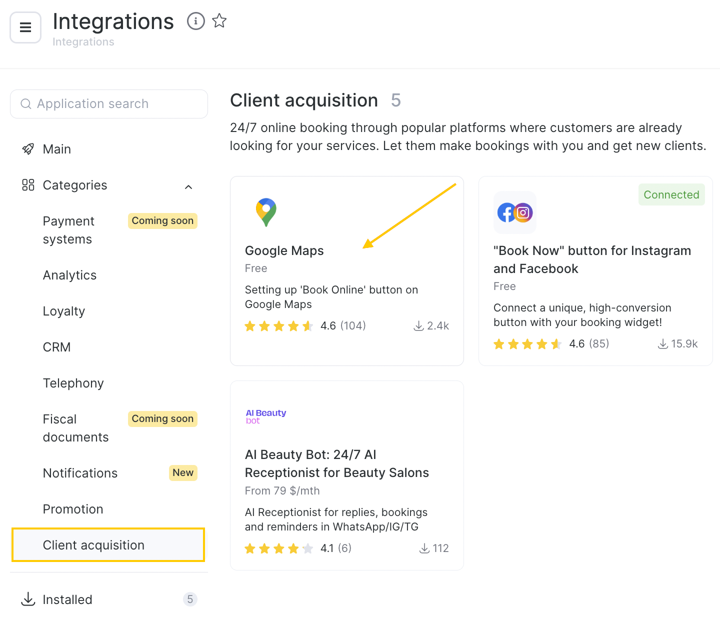Altegio: Integrations, the Client acquisition category and the free Google Maps integration