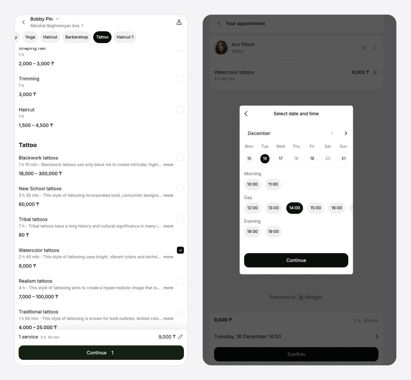 Altegio online booking on a phone: the list of services with prices, then the date and time selection