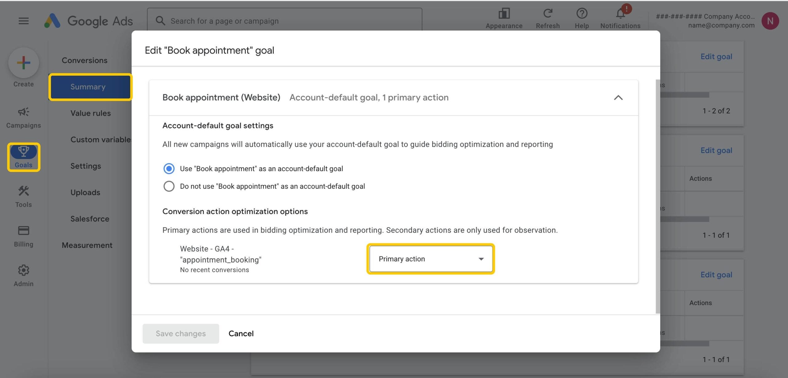 Google Ads: Goals in the left menu, then Summary, and the Primary action setting in the goal editor