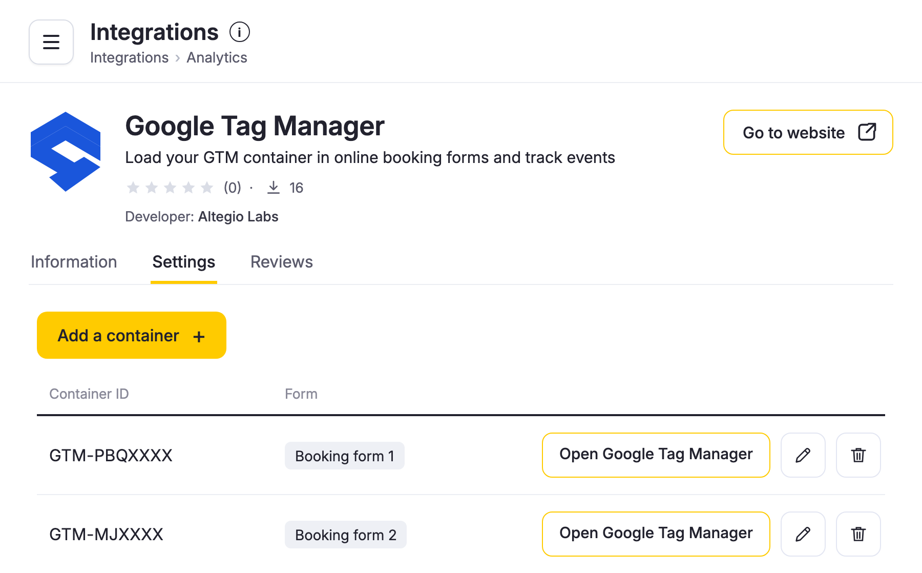 Google Tag Manager settings in Altegio: Booking form 1 is connected to one GTM container and Booking form 2 to another