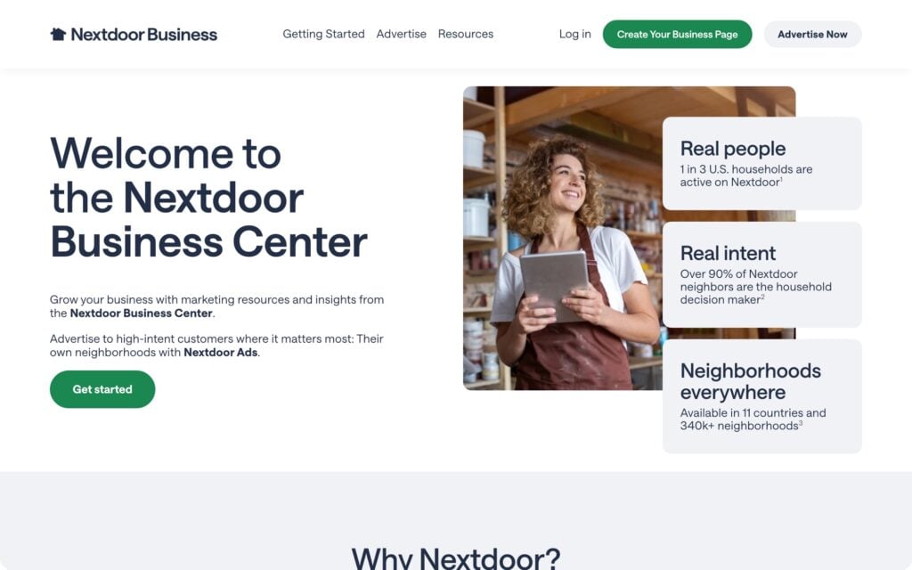 Nextdoor for Business page with a free Business Page for reaching verified local neighbours