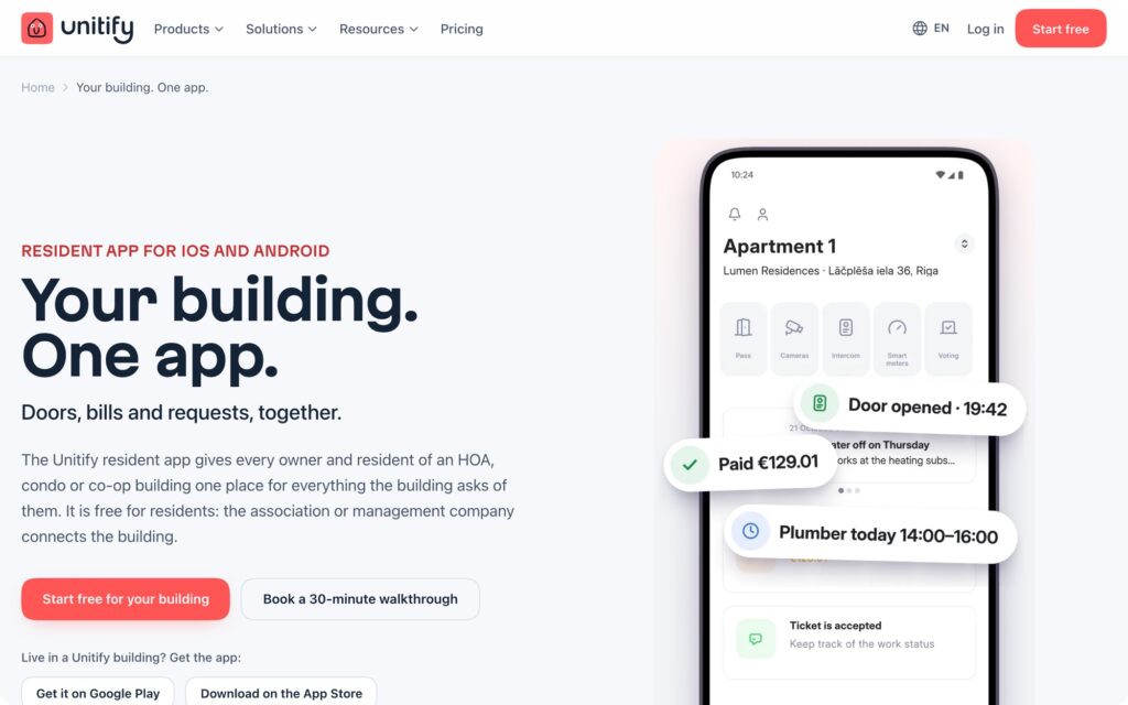 Unitify resident app page a management company sends building notices to residents in the app