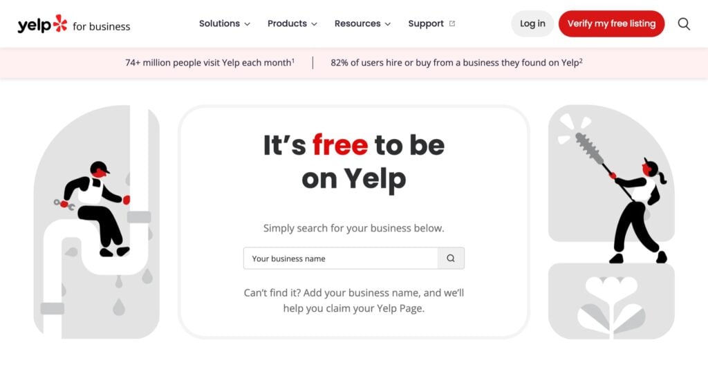 Yelp for Business home page offering a free business page for local discovery and reviews