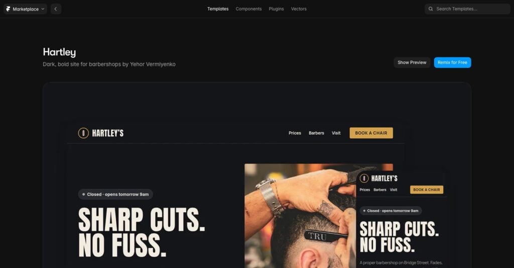 Framer marketplace Hartley a free dark website template for barbershops