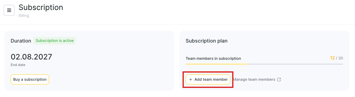 The Add team member button on the Subscription plan card