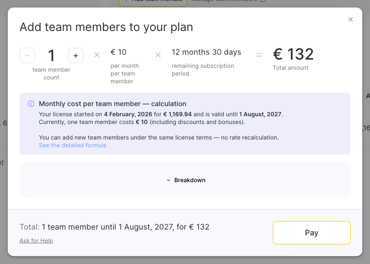 The Add team members window with the cost calculation