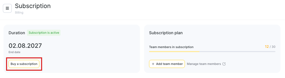 The Buy a subscription button on the Duration card