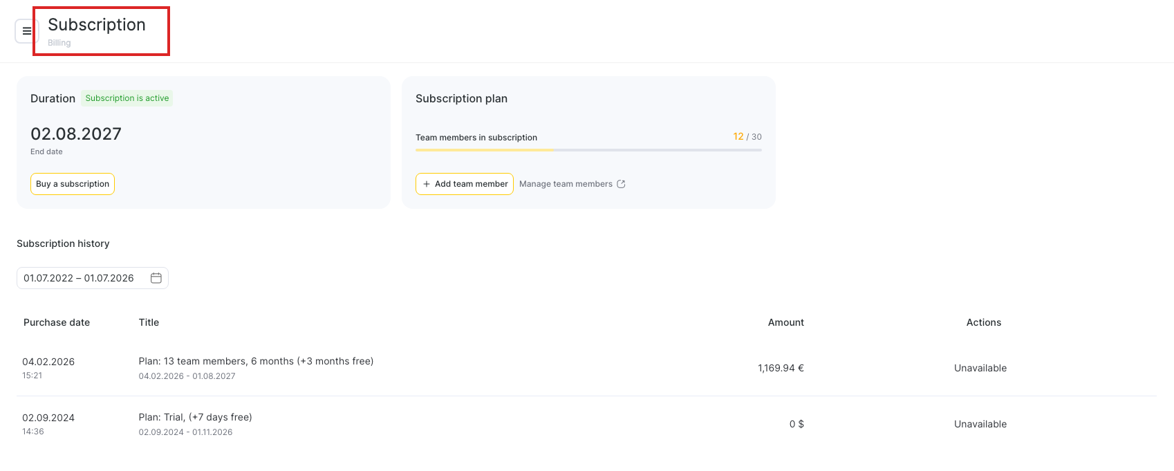 Open Billing → Subscription from the main menu