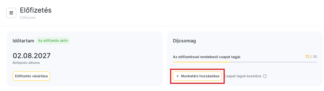 A „Munkatárs hozzáadása” gomb a „Díjcsomag” kártyán