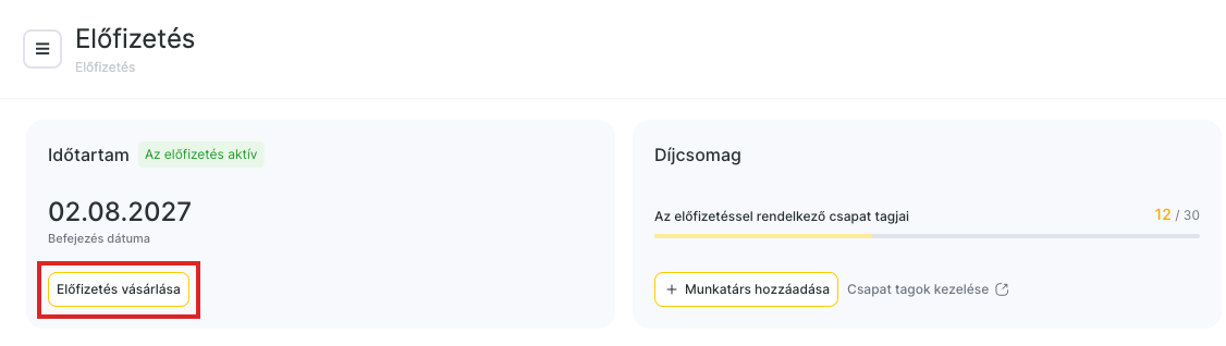 Az „Előfizetés vásárlása” gomb az „Időtartam” kártyán