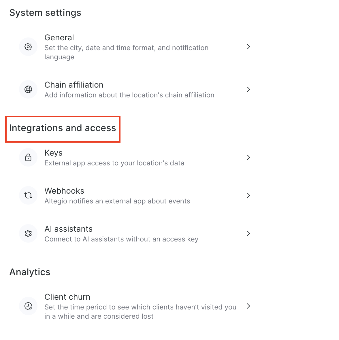 The Integrations and access block in Settings with the Keys, Webhooks and AI assistants items