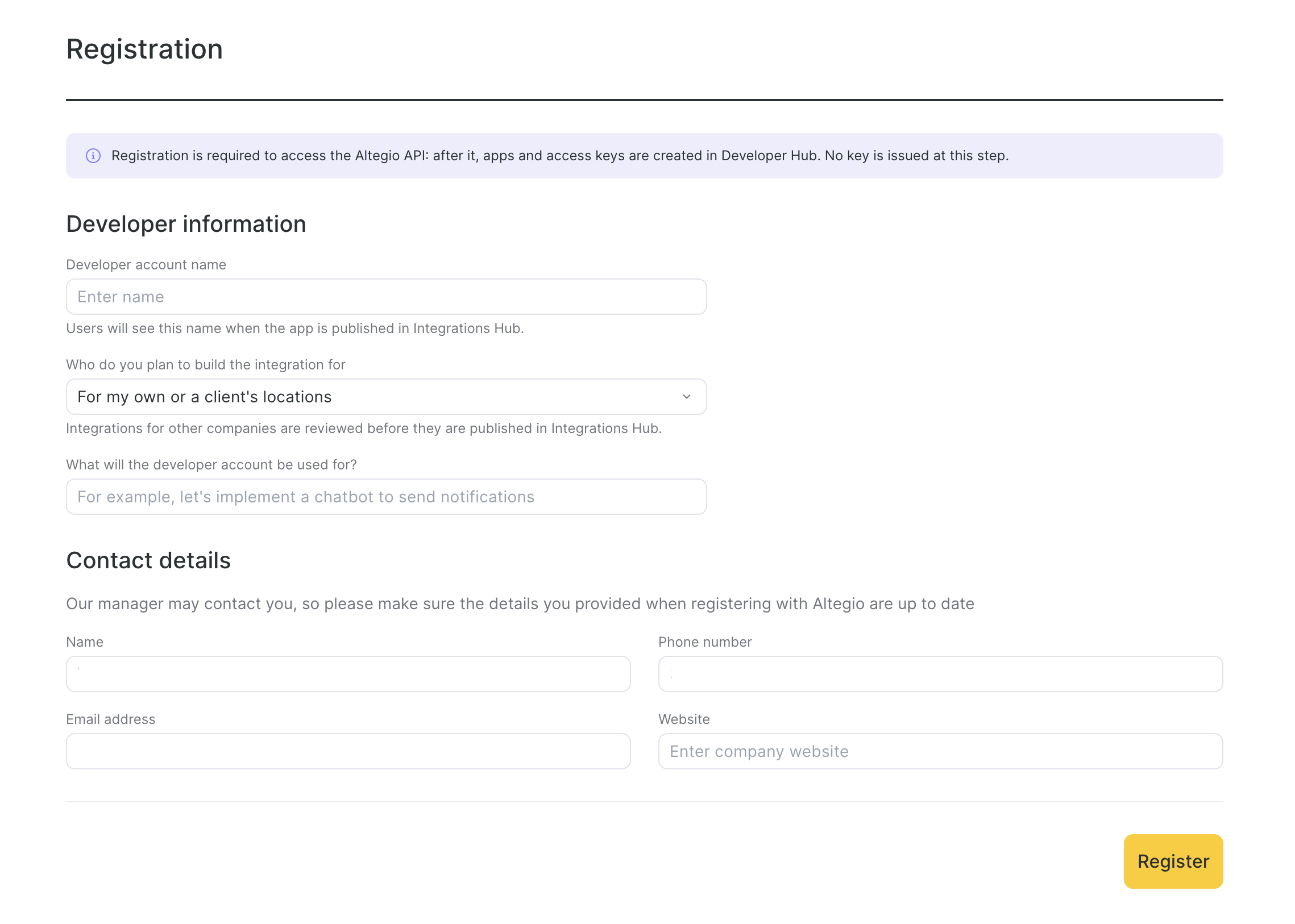 The Developer Hub Registration page