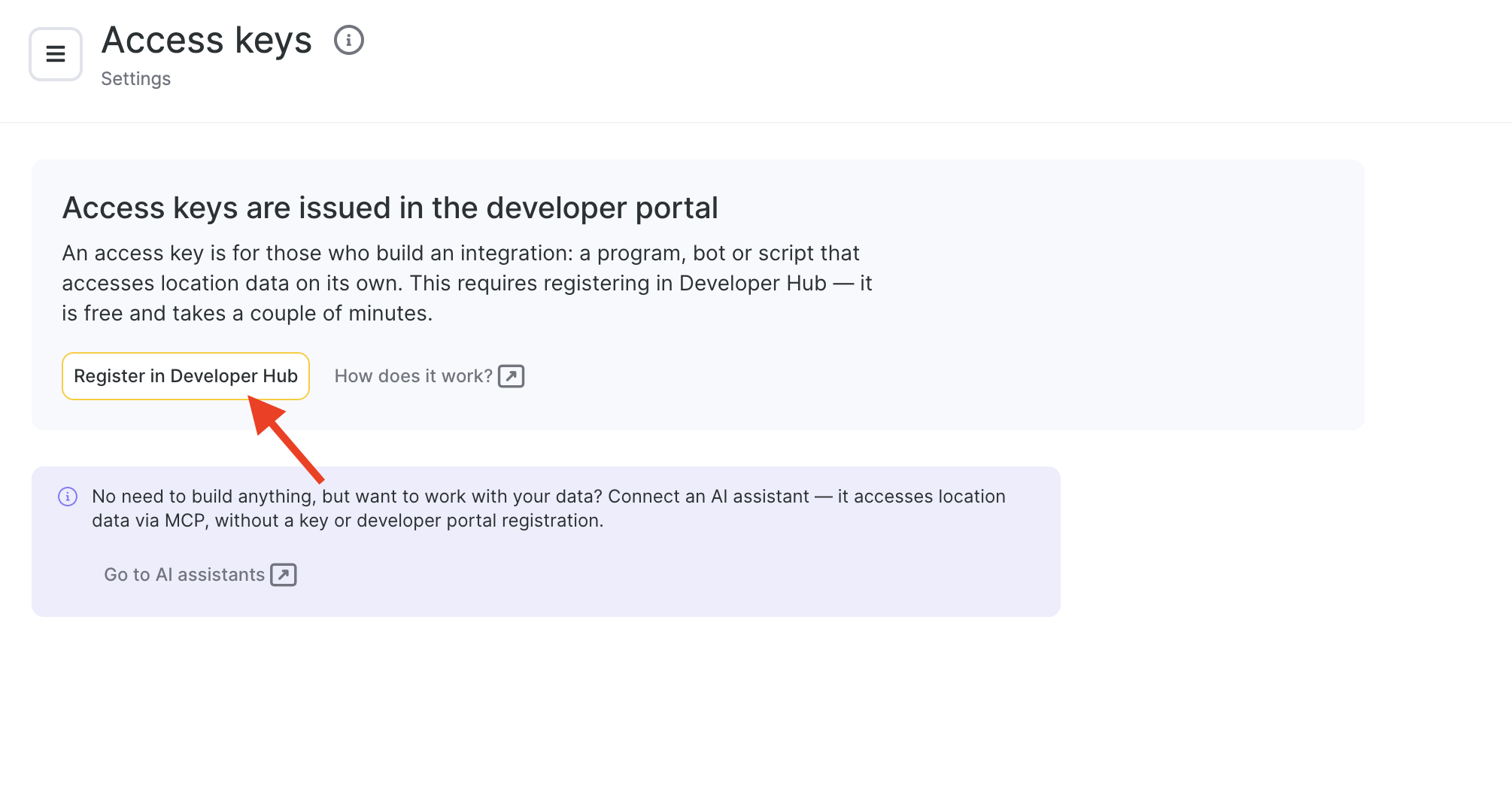 The Access keys page with the Register in Developer Hub button