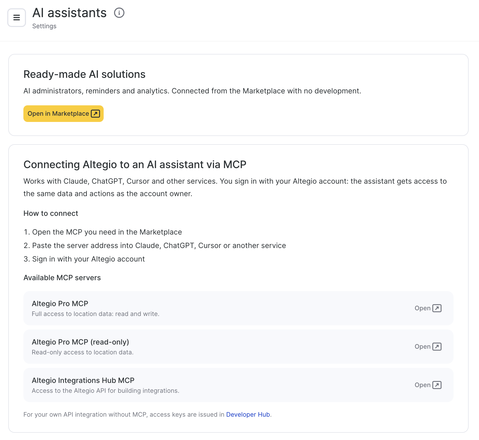 The AI assistants page with the Ready-made AI solutions and Connecting Altegio to an AI assistant via MCP cards