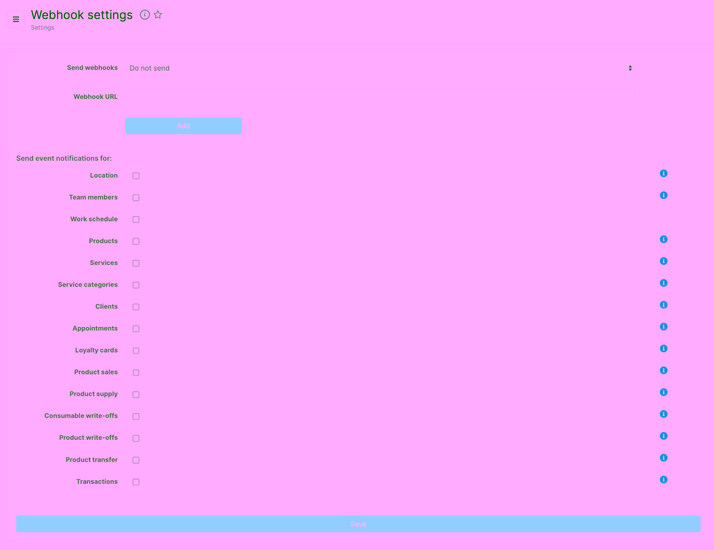The Webhook settings page