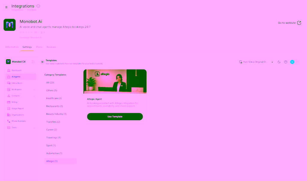 Altegio Agent template in monobot.ai