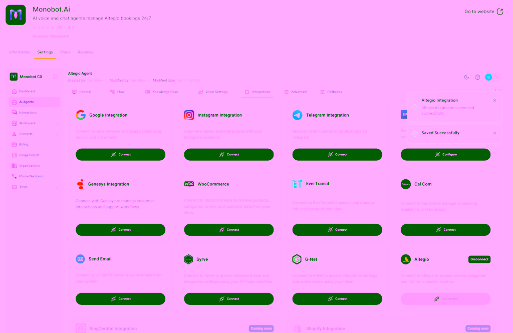Successful Altegio connection in monobot.ai