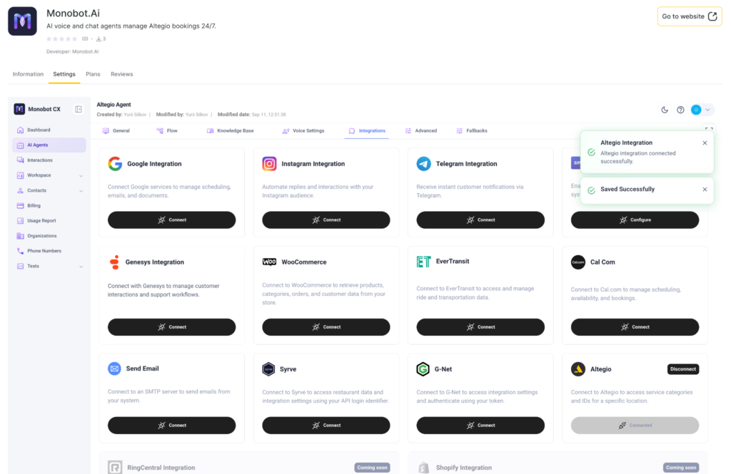 Вкладка Integrations в Monobot: Altegio подключено успешно
