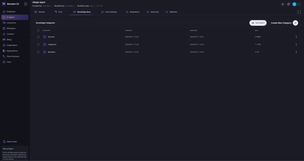 База знаний агента Monobot с категориями Services, Categories и Members