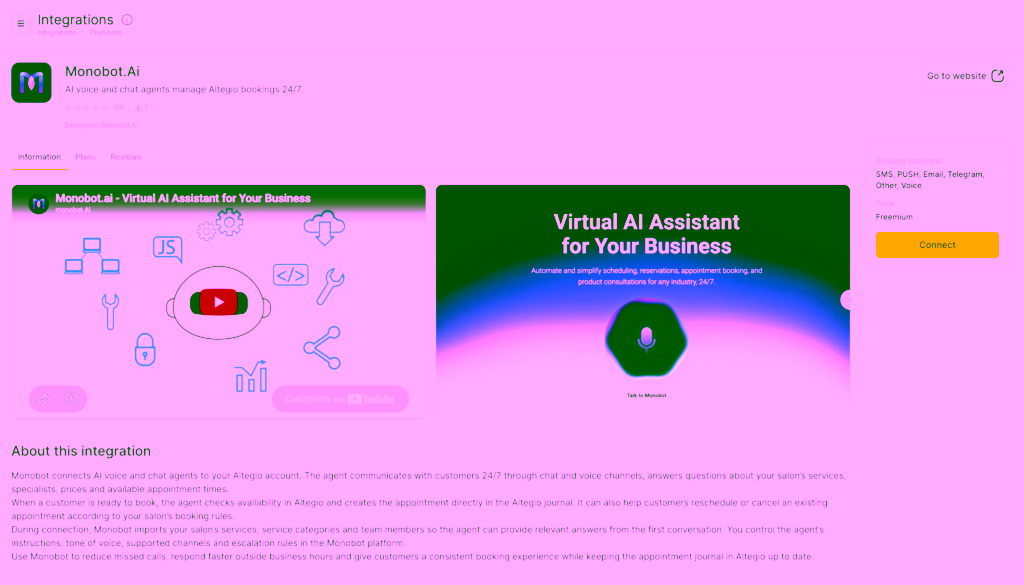 monobot.ai card in the Altegio Integration Hub