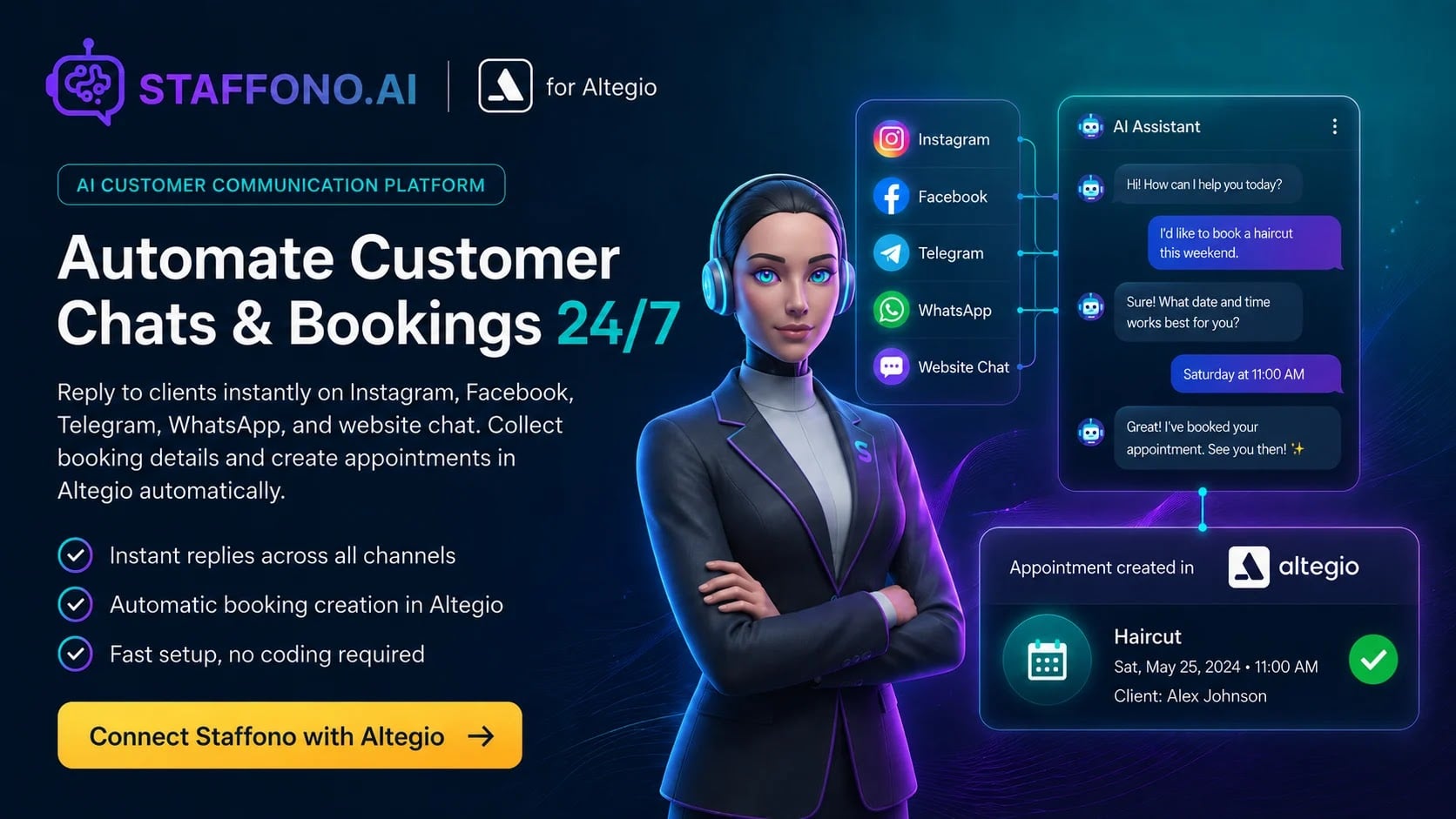 Staffono.ai отвечает клиентам в Instagram, Facebook, Telegram, WhatsApp и чате на сайте и создаёт запись в Altegio