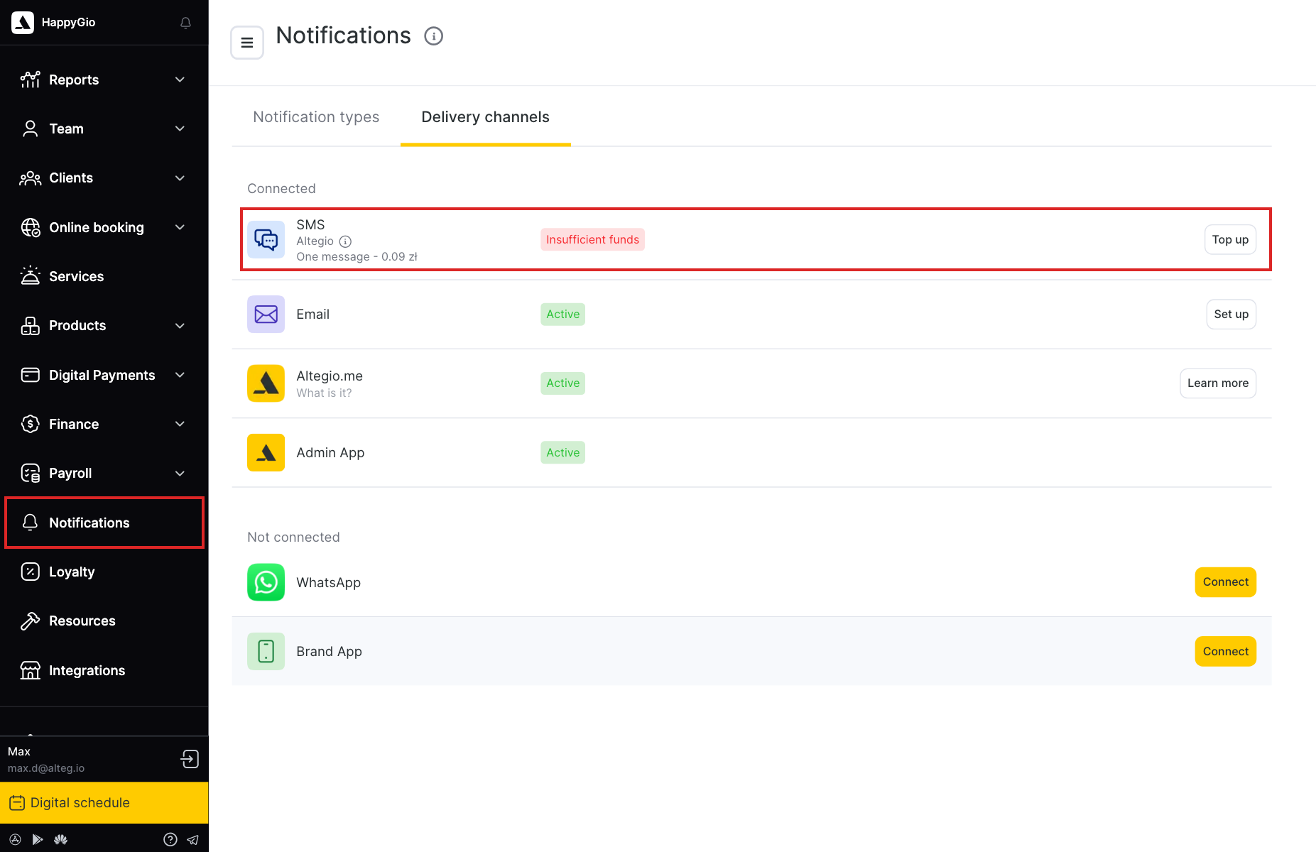 The SMS channel with the Altegio service in Delivery channels