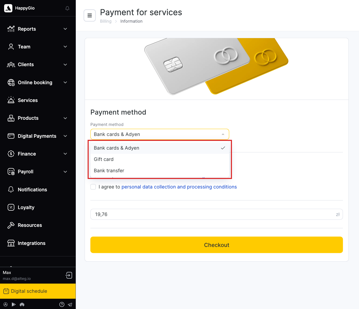 Payment methods on the Payment for services page