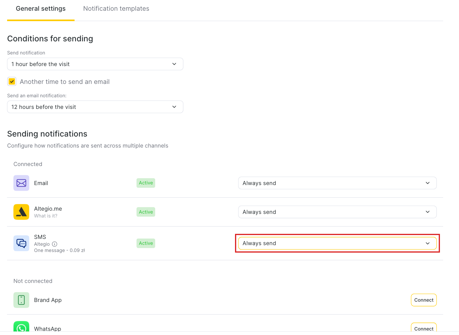 The SMS sending rule in the Sending notifications block