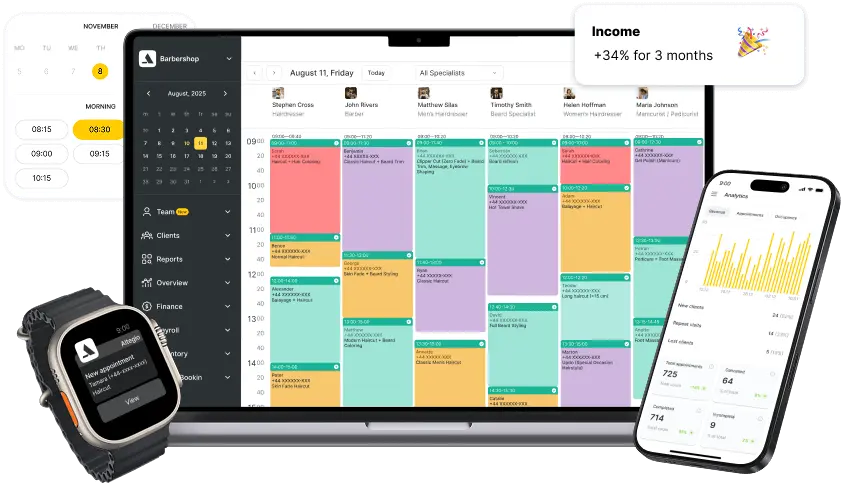 Altegio on a laptop, phone and smartwatch: the team calendar, analytics and a new booking notification
