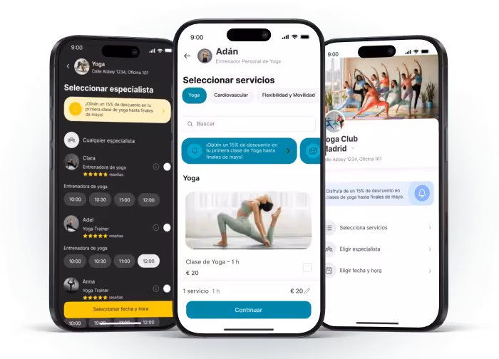 Interfaz de aplicación móvil para reservar clases de yoga con instructores y servicios.