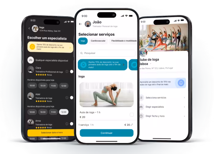 Interface de aplicativo móvel para reservar aulas de ioga com instrutores e serviços.