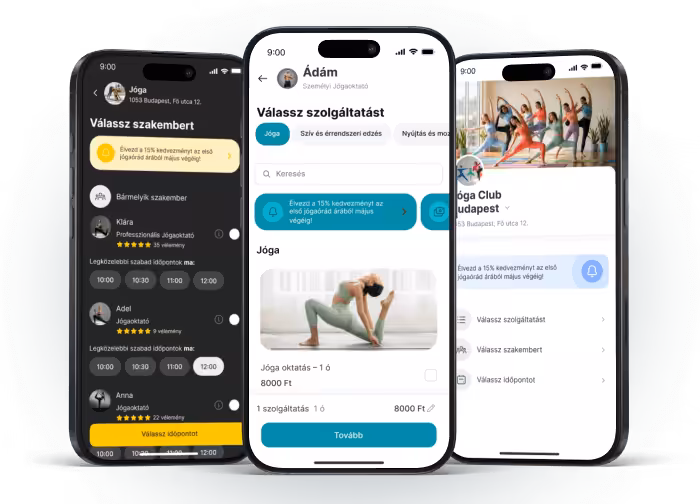 Mobilalkalmazás felülete jógaórák foglalásához oktatókkal és szolgáltatásokkal.