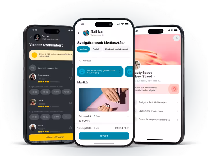 Branded booking app of a service business on three phone screens under its own name
