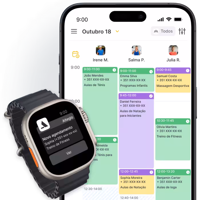Smartwatch exibindo uma notificação de novo compromisso ao lado de um aplicativo de calendário móvel.